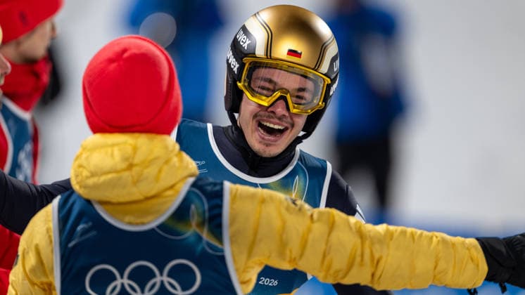 OLYMPICS - Winter Olympic Games, Olympische Spiele, Olympia, OS Milano Cortina 2026 VAL DI FIEMME,ITALY,09.FEB.26 - OLYMPICS, Ski jumping, Skispringen, Ski, nordisch - Winter Olympic Games Milano Cortina 2026, normal hill, men, individual. Image shows the rejoicing of Philipp Raimund (GER).  GEPAxpictures xOliverxLerch