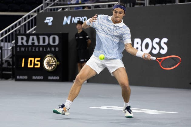 February 9, 2026, Frisco, Texas, USA: MATTIA BELLUCI (ITA) returns with a forehand during a menÃ¢â‚¬â ¢s singles match at 2026 Nexo Dallas Open at The Ford Center at The Star in Frisco, Texas. Nakishima defeated Bellucci, 6:3, 6:4. Frisco USA - ZUMAh193 20260209_zsp_h193_012 Copyright: xDanielxMcGregor-Huyerx