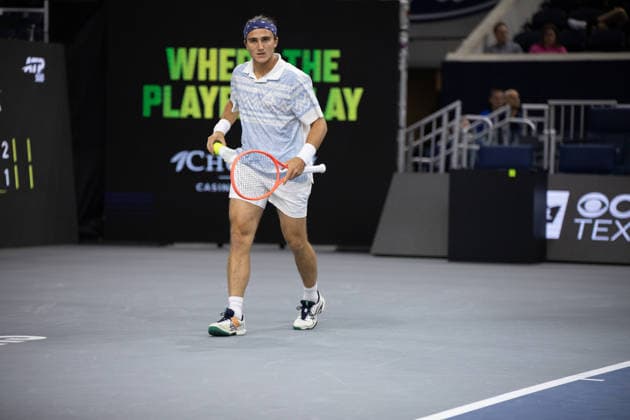 February 9, 2026, Frisco, Texas, USA: MATTIA BELLUCI (ITA) grabs a tennis ball during a menÃ¢â‚¬â ¢s singles match at 2026 Nexo Dallas Open at The Ford Center at The Star in Frisco, Texas. Nakishima defeated Bellucci, 6:3, 6:4. Tennis 2026: Dallas Open: Nakishima 6:3, 6:4 Belluci  - ZUMAh193 20260209_zsp_h193_006 Copyright: xDanielxMcGregor-Huyerx