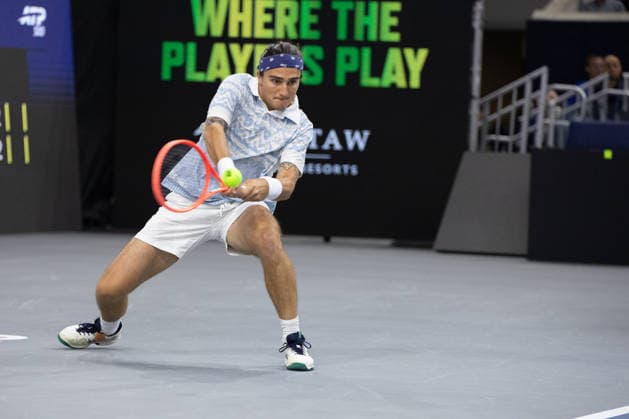 February 9, 2026, Frisco, Texas, USA: MATTIA BELLUCI (ITA) returns with a forehand during a menÃ¢â‚¬â ¢s singles match at 2026 Nexo Dallas Open at The Ford Center at The Star in Frisco, Texas. Nakishima defeated Bellucci, 6:3, 6:4. Tennis 2026: Dallas Open: Nakishima 6:3, 6:4 Belluci  - ZUMAh193 20260209_zsp_h193_007 Copyright: xDanielxMcGregor-Huyerx