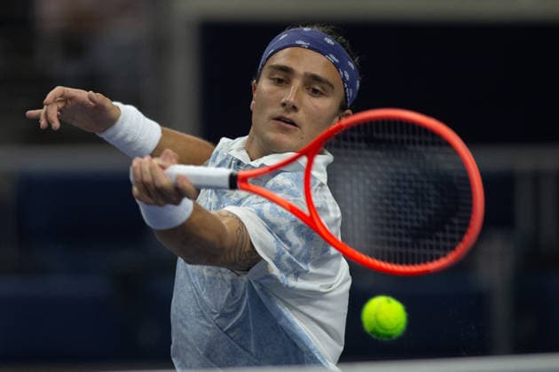 February 9, 2026, Frisco, Texas, USA: MATTIA BELLUCI (ITA) uses a backhand during a menÃ¢â‚¬â ¢s singles match at 2026 Nexo Dallas Open at The Ford Center at The Star in Frisco, Texas. Nakishima defeated Bellucci, 6:3, 6:4. Tennis 2026: Dallas Open: Nakishima 6:3, 6:4 Belluci  - ZUMAh193 20260209_zsp_h193_011 Copyright: xDanielxMcGregor-Huyerx