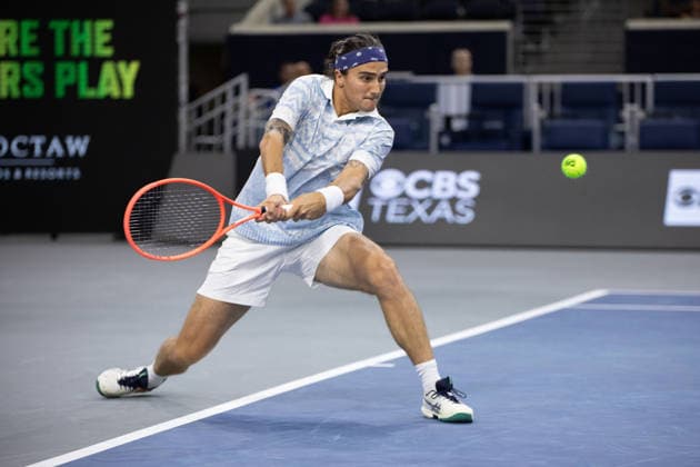 February 9, 2026, Frisco, Texas, USA: MATTIA BELLUCI (ITA) returns with a forehand during a menÃ¢â‚¬â ¢s singles match at 2026 Nexo Dallas Open at The Ford Center at The Star in Frisco, Texas. Nakishima defeated Bellucci, 6:3, 6:4. Frisco USA - ZUMAh193 20260209_zsp_h193_018 Copyright: xDanielxMcGregor-Huyerx