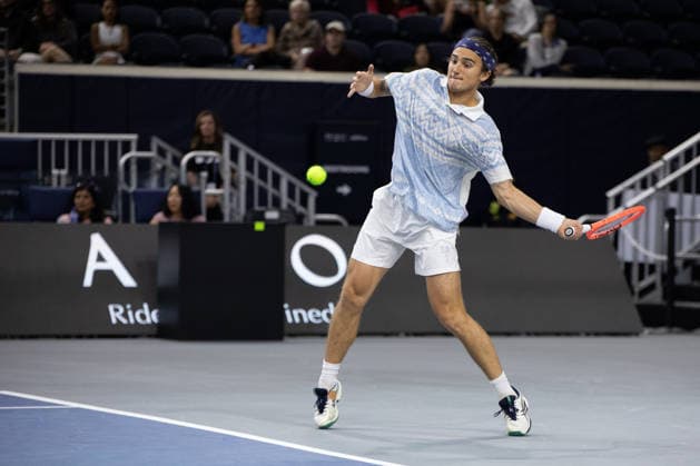 February 9, 2026, Frisco, Texas, USA: MATTIA BELLUCI (ITA) returns with a forehand during a menÃ¢â‚¬â ¢s singles match at 2026 Nexo Dallas Open at The Ford Center at The Star in Frisco, Texas. Nakishima defeated Bellucci, 6:3, 6:4. Frisco USA - ZUMAh193 20260209_zsp_h193_019 Copyright: xDanielxMcGregor-Huyerx