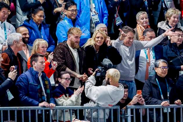 Jake Paul of United States of America and Jutta Leerdam her parents celebrates the victory while watching atheletes Women 1000m, Milano Cortina 2026 Winter Olympics: Day 3, Speed skating, Eisschnelllauf - Milano Cortina 2026 Winter Olympics: Day 3, Milano Speed Skating Stadium, February 9, 2026, Milan, Italy.