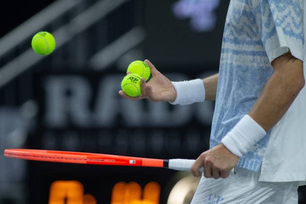 February 9, 2026, Frisco, Texas, USA: MATTIA BELLUCI (ITA) bounces tennis balls during a menÃ¢â‚¬â ¢s singles match at 2026 Nexo Dallas Open at The Ford Center at The Star in Frisco, Texas. Nakishima defeated Bellucci, 6:3, 6:4. Frisco USA - ZUMAh193 20260209_zsp_h193_023 Copyright: xDanielxMcGregor-Huyerx