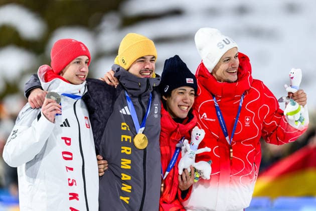 260209 Kacper Tomasiak of Poland, second place, Philipp Raimund of Germany, first place and Ren Nikaido of Japan and Gregor Deschwanden of Switzerland, third place celebrate after the men s normal hill individual Ski jumping, Skispringen, Ski, nordisch test run during day 3 of the 2026 Winter Olympics on February 9, 2026 in Predazzo. Photo: Maxim Thore BILDBYRAN kod MT MT0968 backhoppning ski jumping skihopping Olympic Games, Olympische Spiele, Olympia, OS olympics winter olympics os ol olympiska spel vinter-os olympiske leker milano cortina 2026 milan cortina 2026 milano cortina 2026 olympic games milano cortina 2026 winter olympic games milano cortina-os milano cortina-ol vinter-ol 3 bbeng jubel *** 260209 Kacper Tomasiak of Poland, second place, Philipp Raimund of Germany, first place and Ren Nikaido of Japan and Gregor Deschwanden of Switzerland, third place celebrate after the men s normal hill individual ski jumping test run during day 3 of the 2026 Winter Olympics on February 9, 2026 in Predazzo Photo Maxim Thore BILDBYRAN kod MT MT0968 backhoppning ski jumping skihopping olympic games olympics winter olympics os ol olympiska spel vinter os olympiske leker milano cortina 2026 milan cortina 2026 milano cortina 2026 olympic games milano cortina 2026 winter olympic games milano cortina os milano cortina ol vinter ol 3 bbeng jubel  Copyright: MAXIMxTHORE BB260209MT159
