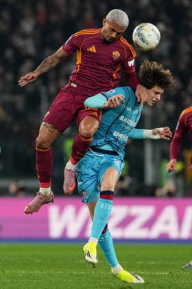 Wesley Vinicius Franca Lima of AS Roma and Marco Palestra of Cagliari Calcio during the Serie A 2025 2026 football match between AS Roma and Cagliari Calcio at Stadio Olimpico in Rome (Italy), February 9, 2026. AntoniettaxBaldassarre