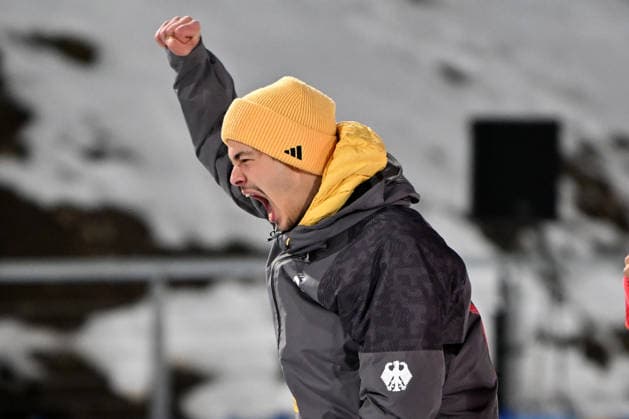 Predazzo, Italy, February 09th 2026. First place Philipp Raimund of Germany celebrate after the Ski jumping, Skispringen, Ski, nordisch Mens Normal Hill Individual competition of the Olympic Winter games, Winterspiele,Spiele, Summer games 2026 in Predazzo, Italy. (Photo by Igor Kupljenik Sports Press Photo)  Copyright: xIgorxKupljenikx xSPPx Sportspressphoto_SPR90705