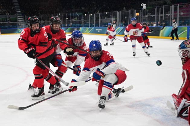 L-R Sarah Fillier (CAN), Sarah Nurse (CAN), Kristyna Kaltounkova (CZE) and Dominika Laskova (CZE) in action during the women s Ice hockey, Eishockey match of Preliminary Round, Group A: Canada vs Czechia, at the Milano Cortina 2026 Winter Olympic Games, Olympische Spiele, Olympia, OS in Milan, Italy, on February 9, 2026. (CTKxPhoto MichalxKamaryt) CTKPhotoP2026020910046  CTKPhotoP2026020910046