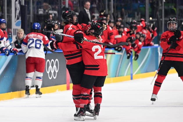 L-R Laura Stacey and Emma Maltais (both CAN) celebrate the third goal the women s Ice hockey, Eishockey match of Preliminary Round, Group A: Canada vs Czechia, at the Milano Cortina 2026 Winter Olympic Games, Olympische Spiele, Olympia, OS in Milan, Italy, on February 9, 2026. (CTKxPhoto MichalxKamaryt) CTKPhotoP2026020910115  CTKPhotoP2026020910115