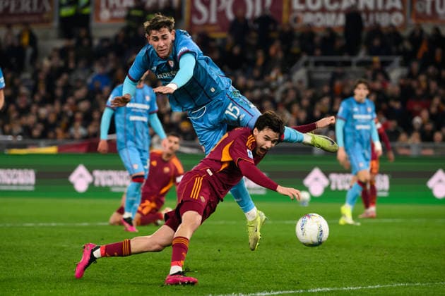 Juan Rodriguez of Cagliari Calcio and Niccolo Pisilli of AS Roma compete for the ball during the Serie A 2025 2026 football match between AS Roma and Cagliari Calcio at Stadio Olimpico in Rome (Italy), February 9, 2026. AndreaxStaccioli