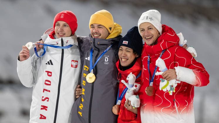 OLYMPICS - Winter Olympic Games, Olympische Spiele, Olympia, OS Milano Cortina 2026 VAL DI FIEMME,ITALY,09.FEB.26 - OLYMPICS, Ski jumping, Skispringen, Ski, nordisch - Winter Olympic Games Milano Cortina 2026, normal hill, men, individual, medal ceremony. Image shows Kacper Tomasiak (POL), Philipp Raimund (GER), Ren Nikaido (JPN) and Gregor Deschwanden (SUI). Keywords: medal.  GEPAxpictures xOliverxLerch