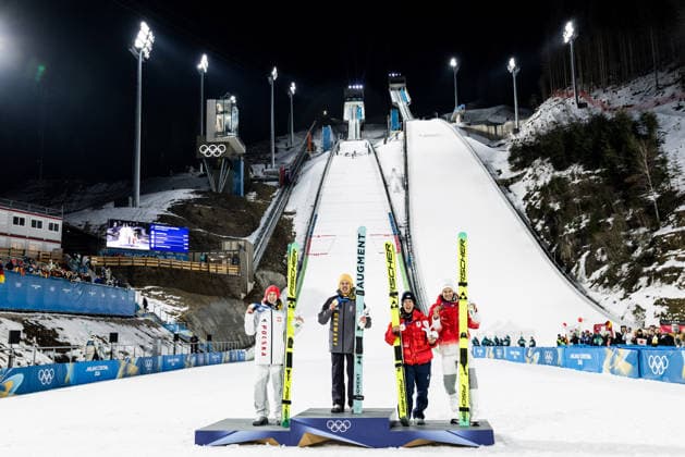 PREDAZZO, ITALY - FEBRUARY 9: The podium posing together Silver Kacper Tomasiak ( Poland ), Gold Philipp Raimund ( Germany ), Bronze Ren Nikaido ( Japan ) and Gregor Deschwanden ( Switzerland ) during the medal ceremony of the Ski jumping, Skispringen, Ski, nordisch Men s Normal Hill Individual at the Milano Cortina 2026 Olympics at Predazzo Ski Jumping Stadium on day 3 of the Milano Cortina 2026 Olympics on February 9, 2026 in Predazzo, Italy. Editorial use only. Trentino-Suedtirol Italy Copyright: xSteffiexWunderlx
