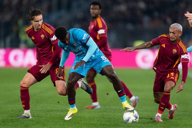 AS Roma v Cagliari Calcio - Serie A Enilive Daniele Ghilardi of AS Roma and Michel Ndary Adopo of Cagliari Calcio compete for the ball during the serie Serie A Enilive match between AS Roma and Cagliari Calcio at Stadio Olimpico on Febraury 9, 2026 in Rome, Italy Roma Stadio Olimpico Lazio Italy Copyright: xGiuseppexMaffiax SerieA_Roma-Cagliari_0902202609628