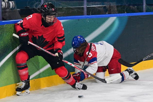 L-R Jocelyne Larocque (CAN) and Adela Sapovalivova (CZE) in action during the women s Ice hockey, Eishockey match of Preliminary Round, Group A: Canada vs Czechia, at the Milano Cortina 2026 Winter Olympic Games, Olympische Spiele, Olympia, OS in Milan, Italy, on February 9, 2026. (CTKxPhoto MichalxKamaryt) CTKPhotoP2026020910492  CTKPhotoP2026020910492