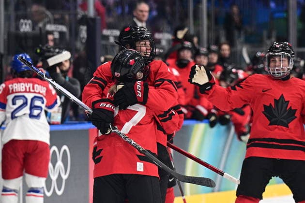 L-R Laura Stacey and Emma Maltais (both CAN) celebrate the third goal the women s Ice hockey, Eishockey match of Preliminary Round, Group A: Canada vs Czechia, at the Milano Cortina 2026 Winter Olympic Games, Olympische Spiele, Olympia, OS in Milan, Italy, on February 9, 2026. (CTKxPhoto MichalxKamaryt) CTKPhotoP2026020910577  CTKPhotoP2026020910577