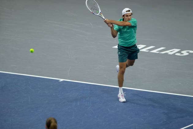February 9, 2026, Frisco, Texas, USA: ZACHARY SVADJA (USA) uses a forehand during a menÃ¢â‚¬â ¢s singles match at 2026 Nexo Dallas Open at The Ford Center at The Star in Frisco, Texas. Fokina defeated Svadja 6:4, 7:6 Tennis 2026: Dallas Open: Fokina 6:4, 7:6 Svadja  - ZUMAh193 20260209_zsp_h193_062 Copyright: xDanielxMcGregor-Huyerx