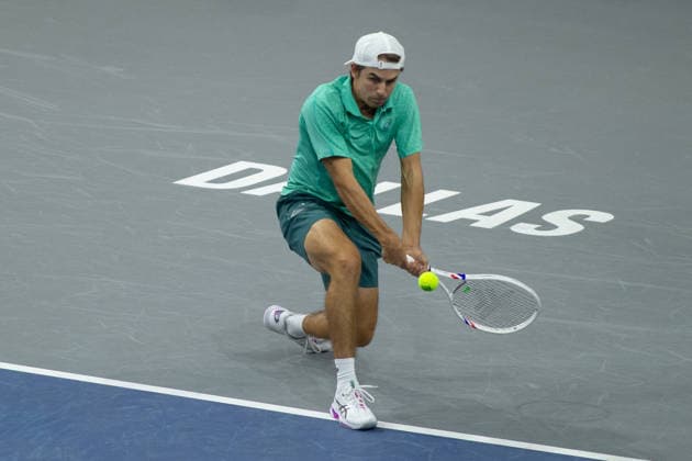February 9, 2026, Frisco, Texas, USA: ZACHARY SVADJA (USA) uses a forehand during a menÃ¢â‚¬â ¢s singles match at 2026 Nexo Dallas Open at The Ford Center at The Star in Frisco, Texas. Fokina defeated Svadja 6:4, 7:6 Frisco USA - ZUMAh193 20260209_zsp_h193_050 Copyright: xDanielxMcGregor-Huyerx