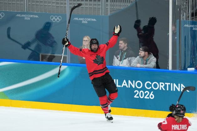 February 9, 2026, Milan, ITALY: CanadaöÄÃ s Laura Stacey (7) celebrates her goal against Czechia during the first period of a preliminary round women s hockey game at the Milan Cortina Winter Olympics, in Milan, on Monday, February 9, 2026. Canada News - February 9, 2026  - ZUMAc35_ 20260209_zaf_c35_158 Copyright: xDarrylxDyckx