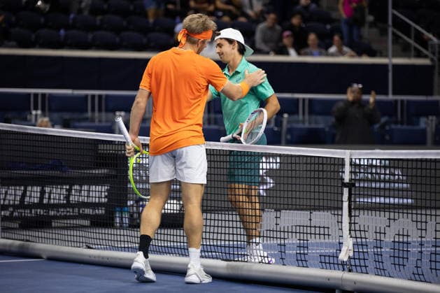 February 9, 2026, Frisco, Texas, USA: ALEJANDRO DAVIDOVICH FOKINA (ESP) and ZACHARY SVADJA (USA) meet after a menÃ¢â‚¬â ¢s singles match at 2026 Nexo Dallas Open at The Ford Center at The Star in Frisco, Texas. Fokina defeated Svadja 6:4, 7:6. Frisco USA - ZUMAh193 20260209_zsp_h193_065 Copyright: xDanielxMcGregor-Huyerx
