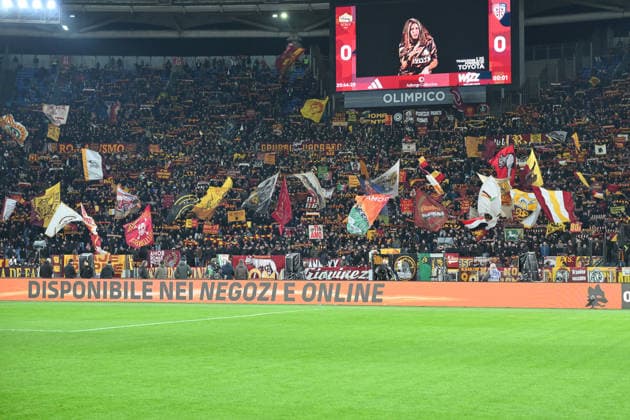 9th February 2026, Stadio Olimpico, Rome, Italy; Serie A Football; Roma versus Cagliari; Roma& x2019;s fans wave a flag before kick-off  AllShotLive Content restricted for UK based newspaper
