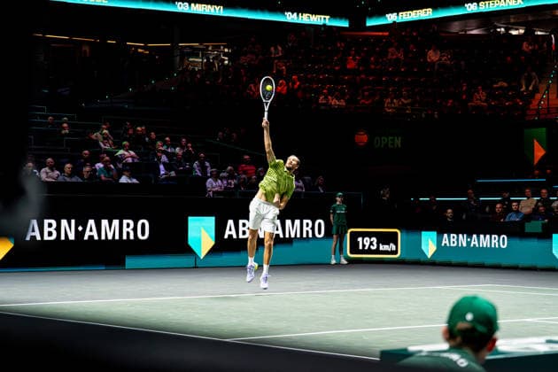 2026-02-09 ABN AMRO Open - Day One ROTTERDAM, NETHERLANDS - FEBRUARY 9: Daniil Medvedev competing during Day One of the ABN AMRO Open at Rotterdam Ahoy on February 9, 2026 in Rotterdam, Netherlands. (Photo by Gabriel Calvino Alonso BSR Agency) Rotterdam Netherlands Content not available for redistribution in The Netherlands directly or indirectly through any third parties. Copyright: xBSRxAgencyx