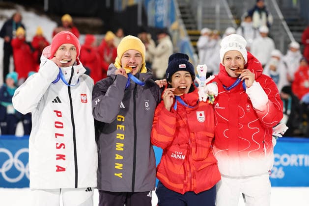 (L-R) TOMASIAK Kacper (AUT), RAIMUND Philipp (GER), Ren Nikaido (JPN), DESCHWANDEN Gregor (SUI), FEBRUARY 9, 2026 - Ski jumping, Skispringen, Ski, nordisch : Men s Individual Normal Hill Medal ceremony during the Milano Cortina 2026 Olympic Winter games, Winterspiele,Spiele, Summer games at Predazzo Ski Jumping Stadium in Predazzo, Italy. Noxthirdxpartyxsales  aflo_319136008