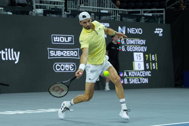 February 9, 2026, Frisco, Texas, USA: GRIGOR DIMITROV (BUL) uses a forehand during a menÃ¢â‚¬â ¢s doubles match at 2026 Nexo Dallas Open at The Ford Center at The Star in Frisco, Texas. Kovecevic and Shelton defeated Dimitriov and Georgiev 5:7. 7:6, 10:3. Frisco USA - ZUMAh193 20260209_zsp_h193_083 Copyright: xDanielxMcGregor-Huyerx