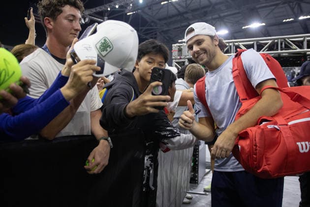 February 9, 2026, Frisco, Texas, USA: ALEKSANDR KOVECEVIC (USA) interacts with fans after a menÃ¢â‚¬â ¢s doubles match at 2026 Nexo Dallas Open at The Ford Center at The Star in Frisco, Texas. Kovecevic and Shelton defeated Dimitriov and Georgiev 5:7. 7:6, 10:3. Frisco USA - ZUMAh193 20260209_zsp_h193_082 Copyright: xDanielxMcGregor-Huyerx