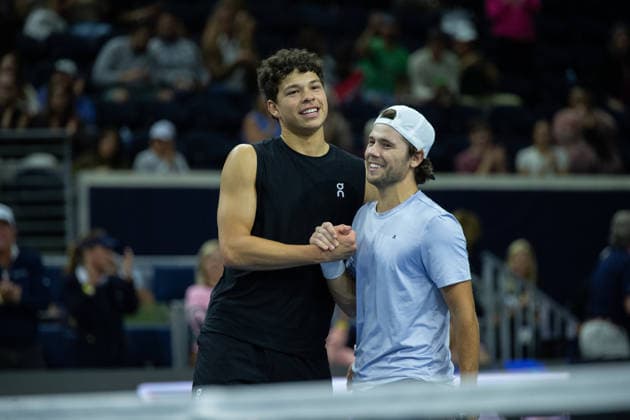 February 9, 2026, Frisco, Texas, USA: (R to l) ALEKSANDR KOVECEVIC (USA)) and BEN SHELTON (USA) react after winning a menÃ¢â‚¬â ¢s doubles match at 2026 Nexo Dallas Open at The Ford Center at The Star in Frisco, Texas. Kovecevic and Shelton defeated Dimitriov and Georgiev 5:7. 7:6, 10:3. Tennis 2026: Dallas Open: Kovacevic Shelton 5:7, 7:6, 10:3 Dimitriov Georgiev  - ZUMAh193 20260209_zsp_h193_090 Copyright: xDanielxMcGregor-Huyerx