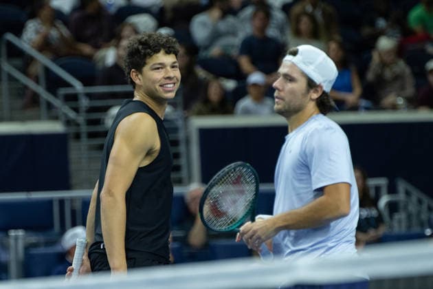February 9, 2026, Frisco, Texas, USA: BEN SHELTON (USA) and ALEKSANDR KOVECEVIC (USA)) react during a menÃ¢â‚¬â ¢s doubles match at 2026 Nexo Dallas Open at The Ford Center at The Star in Frisco, Texas. Kovecevic and Shelton defeated Dimitriov and Georgiev 5:7. 7:6, 10:3. Tennis 2026: Dallas Open: Kovacevic Shelton 5:7, 7:6, 10:3 Dimitriov Georgiev  - ZUMAh193 20260209_zsp_h193_100 Copyright: xDanielxMcGregor-Huyerx