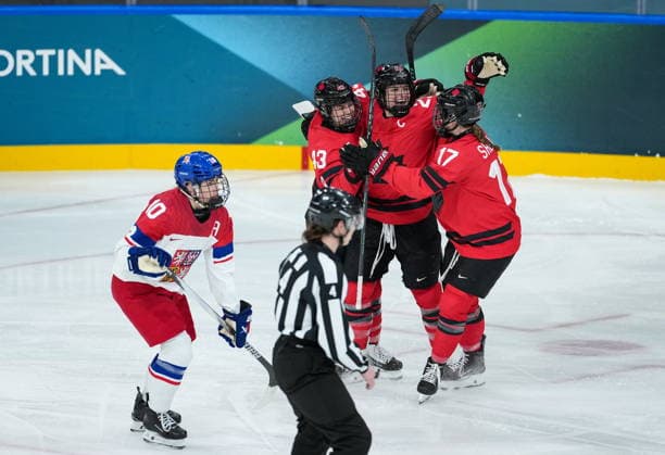 February 9, 2026, Milan, ITALY: CanadaöÄÃ s Kristin OöÄÃ Neill (43), Marie-Philip Poulin (29) and Ella Shelton (17) celebrate O Neill s goal as Czech RepublicöÄÃ s Denisa Krizova (10) skates past during the first period of a preliminary round women s hockey game at the Milan Cortina Winter Olympics, in Milan, on Monday, February 9, 2026. Canada News - February 9, 2026  - ZUMAc35_ 20260209_zaf_c35_212 Copyright: xDarrylxDyckx