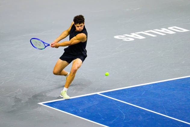 February 9, 2026, Frisco, Texas, USA: BEN SHELTON returns the ball during his doubles match against Grigor Dimitrov & Georgi Georgiev at the Dallas Open round of 16. Ben Shelton & Aleksandar Kovacevic defeat Grigor Dimitrov & Georgi Georgiev in 3 sets. 5:7, 7:6, and 10:3. Frisco USA - ZUMAm348 20260209_znp_m348_004 Copyright: xLuisxRevillaxMatax