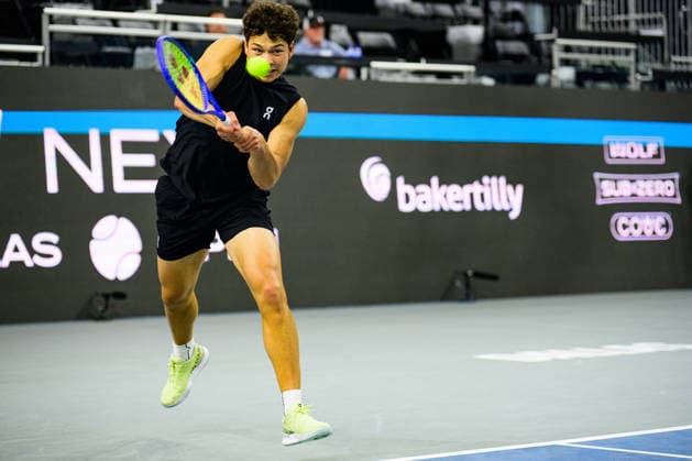February 9, 2026, Frisco, Texas, USA: BEN SHELTON returns the ball during his doubles match against Grigor Dimitrov & Georgi Georgiev at the Dallas Open round of 16. Ben Shelton & Aleksandar Kovacevic defeat Grigor Dimitrov & Georgi Georgiev in 3 sets. 5:7, 7:6, and 10:3. Frisco USA - ZUMAm348 20260209_znp_m348_017 Copyright: xLuisxRevillaxMatax