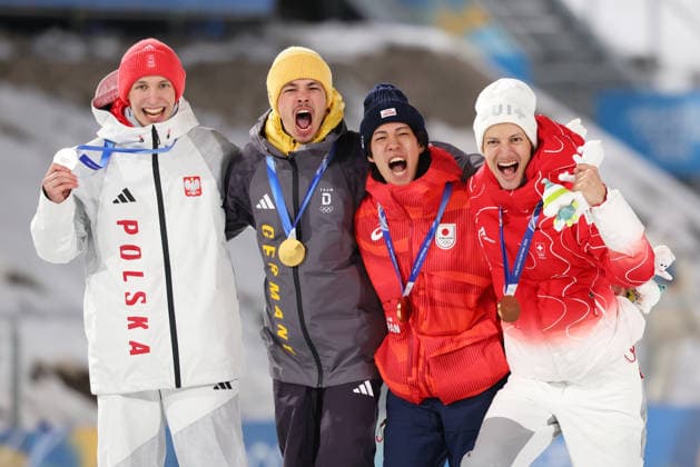 (L-R) TOMASIAK Kacper (POL), RAIMUND Philipp (GER), Ren Nikaido (JPN), DESCHWANDEN Gregor (SUI), FEBRUARY 9, 2026 - Ski jumping, Skispringen, Ski, nordisch : Men s Individual Normal Hill Medal ceremony during the Milano Cortina 2026 Olympic Winter games, Winterspiele,Spiele, Summer games at Predazzo Ski Jumping Stadium in Predazzo, Italy. Noxthirdxpartyxsales  aflo_319154360