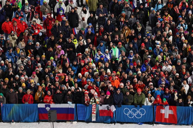 Fans, FEBRUARY 9, 2026 - Ski jumping, Skispringen, Ski, nordisch : Men s Individual Normal Hill during the Milano Cortina 2026 Olympic Winter games, Winterspiele,Spiele, Summer games at Predazzo Ski Jumping Stadium in Predazzo, Italy. Noxthirdxpartyxsales  aflo_319156371