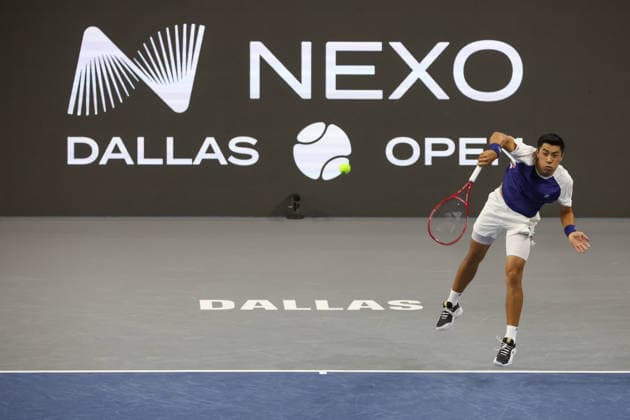 FRISCO, TX - FEBRUARY 09: Brandon Nakashima (USA) serves during the Nexo Dallas Open on February 9, 2026 at the Ford Center at The Star in Frisco, TX. (Photo by George Walker Icon Sportswire) TENNIS: FEB 09 Dallas Open EDITORIAL USE ONLY Icon26020909