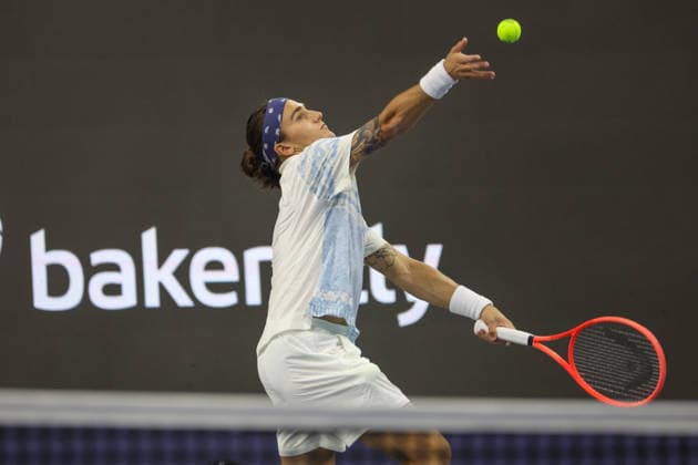 FRISCO, TX - FEBRUARY 09: Mattia Bellucci (ITA) serves during the Nexo Dallas Open on February 9, 2026 at the Ford Center at The Star in Frisco, TX. (Photo by George Walker Icon Sportswire) TENNIS: FEB 09 Dallas Open EDITORIAL USE ONLY Icon26020910
