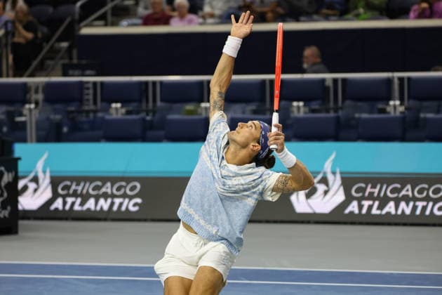 FRISCO, TX - FEBRUARY 09: Mattia Bellucci (ITA) serves during the Nexo Dallas Open on February 9, 2026 at the Ford Center at The Star in Frisco, TX. (Photo by George Walker Icon Sportswire) TENNIS: FEB 09 Dallas Open EDITORIAL USE ONLY Icon26020912