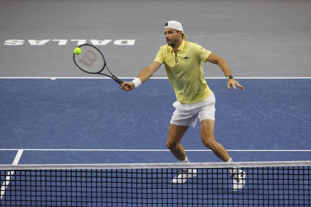 FRISCO, TX - FEBRUARY 09: Grigor Dimitrov (BUL) hits a volley during the Nexo Dallas Open on February 9, 2026 at the Ford Center at The Star in Frisco, TX. (Photo by George Walker Icon Sportswire) TENNIS: FEB 09 Dallas Open EDITORIAL USE ONLY Icon26020936