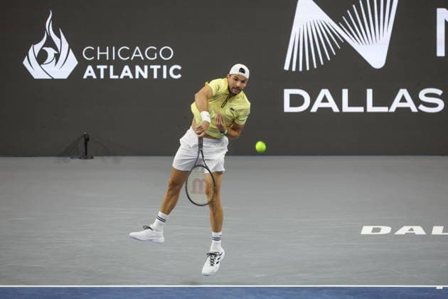FRISCO, TX - FEBRUARY 09: Grigor Dimitrov (BUL) serves during the Nexo Dallas Open on February 9, 2026 at the Ford Center at The Star in Frisco, TX. (Photo by George Walker Icon Sportswire) TENNIS: FEB 09 Dallas Open EDITORIAL USE ONLY Icon26020925