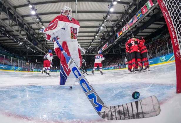 (260210) -- MILAN, Feb. 10, 2026 -- Players of Canada celebrate a goal during the Ice hockey, Eishockey women s preliminary round group A match between Canada and the Czech Republic at the Milan-Cortina 2026 Olympic Winter games, Winterspiele,Spiele, Summer games in Milan, Italy, Feb. 9, 2026. ( Pool via Xinhua) (MICO2026) ITALY-MILAN-OLYMPIC WINTER GAMES-ICE HOCKEY-WOMEN-PRELIMINARY-CAN VS CZE SunxFei 