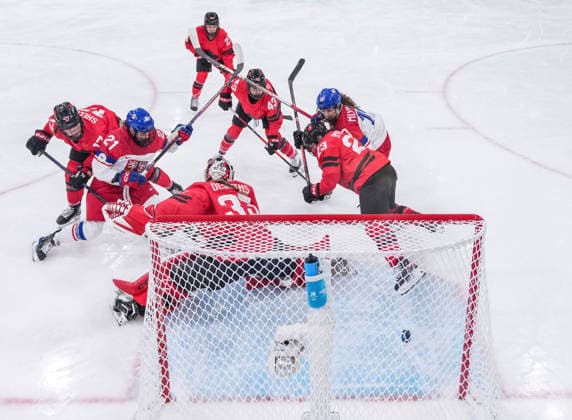 (260210) -- MILAN, Feb. 10, 2026 -- Mlynkova Natalie (1st R) of the Czech Republic shoots to score during the Ice hockey, Eishockey women s preliminary round group A match between Canada and the Czech Republic at the Milan-Cortina 2026 Olympic Winter games, Winterspiele,Spiele, Summer games in Milan, Italy, Feb. 9, 2026. ) (MICO2026) ITALY-MILAN-OLYMPIC WINTER GAMES-ICE HOCKEY-WOMEN-PRELIMINARY-CAN VS CZE SunxFei 
