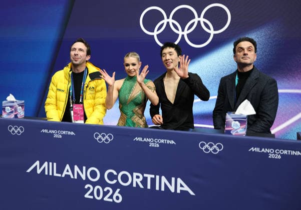 (260209) -- MILAN, Feb. 9, 2026 -- Holly Harris (2nd L) Jason Chan (2nd R) of Australia attend the rhythm dance of Figure skating, Eiskunstlauf ice dance competition at the Milan-Cortina 2026 Olympic Winter games, Winterspiele,Spiele, Summer games in Milan, Italy, Feb. 9, 2026. ) (MICO2026)ITALY-MILAN-OLYMPIC WINTER GAMES-FIGURE SKATING-ICE DANCE-RHYTHM DANCE ChenxYichen 