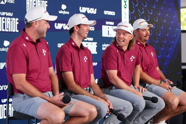 LIV GOLF PRESSER, Marc Leishman, Elvis Smylie, Cam Smith and Lucas Herbert of the Ripper GC Squad speak during a LIV Golf media opportunity at LIV Golf Adelaide Media Centre in Adelaide, South Australia, Tuesday, February 10, 2026. ( NO ARCHIVING Adelaide South Australia Australia  Copyright: xMattxTurnerx 20260210133122212940
