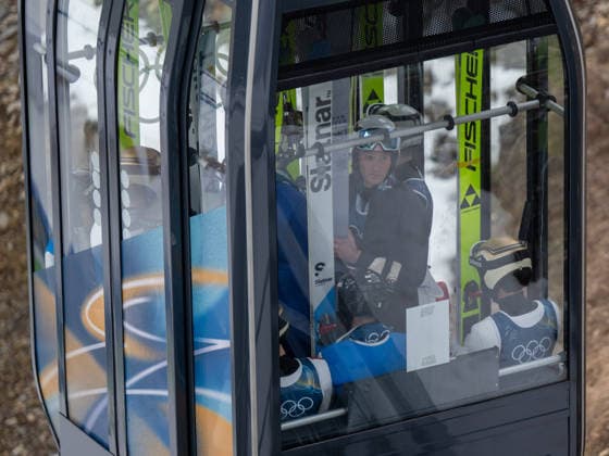 OLYMPICS - Winter Olympic Games, Olympische Spiele, Olympia, OS Milano Cortina 2026 VAL DI FIEMME,ITALY,10.FEB.26 - OLYMPICS, NORDIC SKIING, NORDIC COMBINED, Ski jumping, Skispringen, Ski, nordisch - Winter Olympic Games Milano Cortina 2026, normal hill, training . Image shows some athletes in the lift.  GEPAxpictures xOliverxLerch