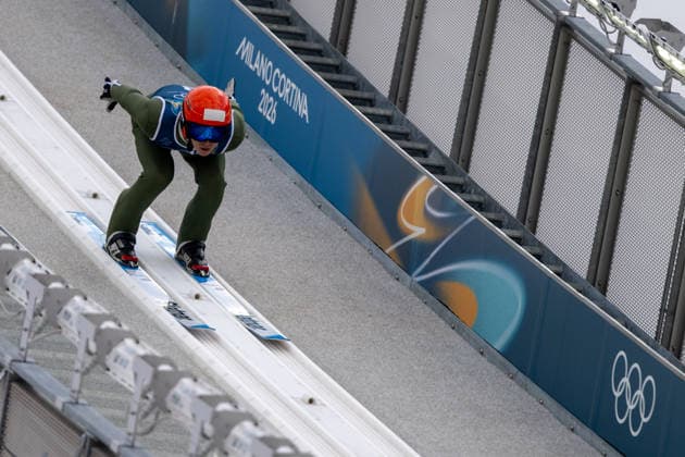 OLYMPICS - Winter Olympic Games, Olympische Spiele, Olympia, OS Milano Cortina 2026 VAL DI FIEMME,ITALY,10.FEB.26 - OLYMPICS, NORDIC SKIING, NORDIC COMBINED, Ski jumping, Skispringen, Ski, nordisch - Winter Olympic Games Milano Cortina 2026, normal hill, training . Image shows Chingiz Rakparov (KAZ).  GEPAxpictures xOliverxLerch