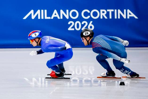 Pietro Sighel of Italy and Quentin Fercoq of France Men s 1000m, Milano Cortina 2026 Winter Olympics: Day 4, Short Track Speed skating, Eisschnelllauf - Milano Cortina 2026 Winter Olympics: Day 4, Milano Speed Skating Stadium, February 10, 2026, Milan, Italy.