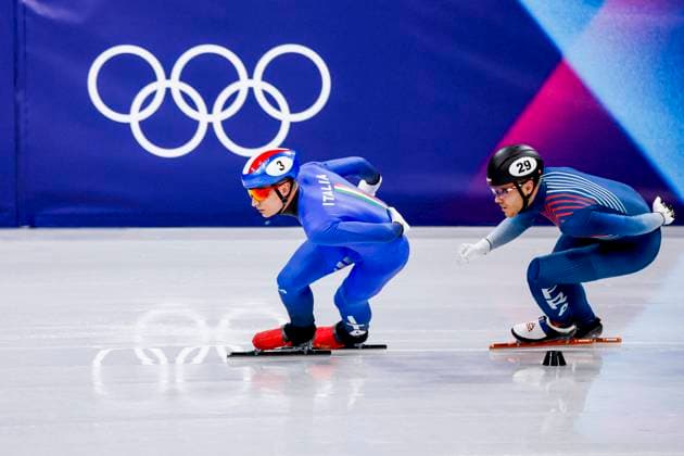 Pietro Sighel of Italy and Quentin Fercoq of France Men s 1000m, Milano Cortina 2026 Winter Olympics: Day 4, Short Track Speed skating, Eisschnelllauf - Milano Cortina 2026 Winter Olympics: Day 4, Milano Speed Skating Stadium, February 10, 2026, Milan, Italy.