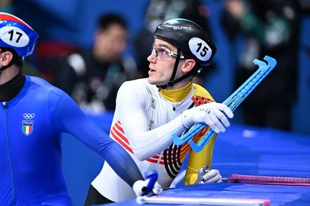 Belgian shorttrack skater Stijn Desmet pictured during the Men 1000m heats in the Short Track Speed skating, Eisschnelllauf competition at the Milano Cortina 2026 Olympic Winter games, Winterspiele,Spiele, Summer games on Tuesday 10 February 2026 in Milan, Italy. The XXV Winter Olympics take place from 6 to 22 February 2026 in Italy. JASPERxJACOBS  x162349592x